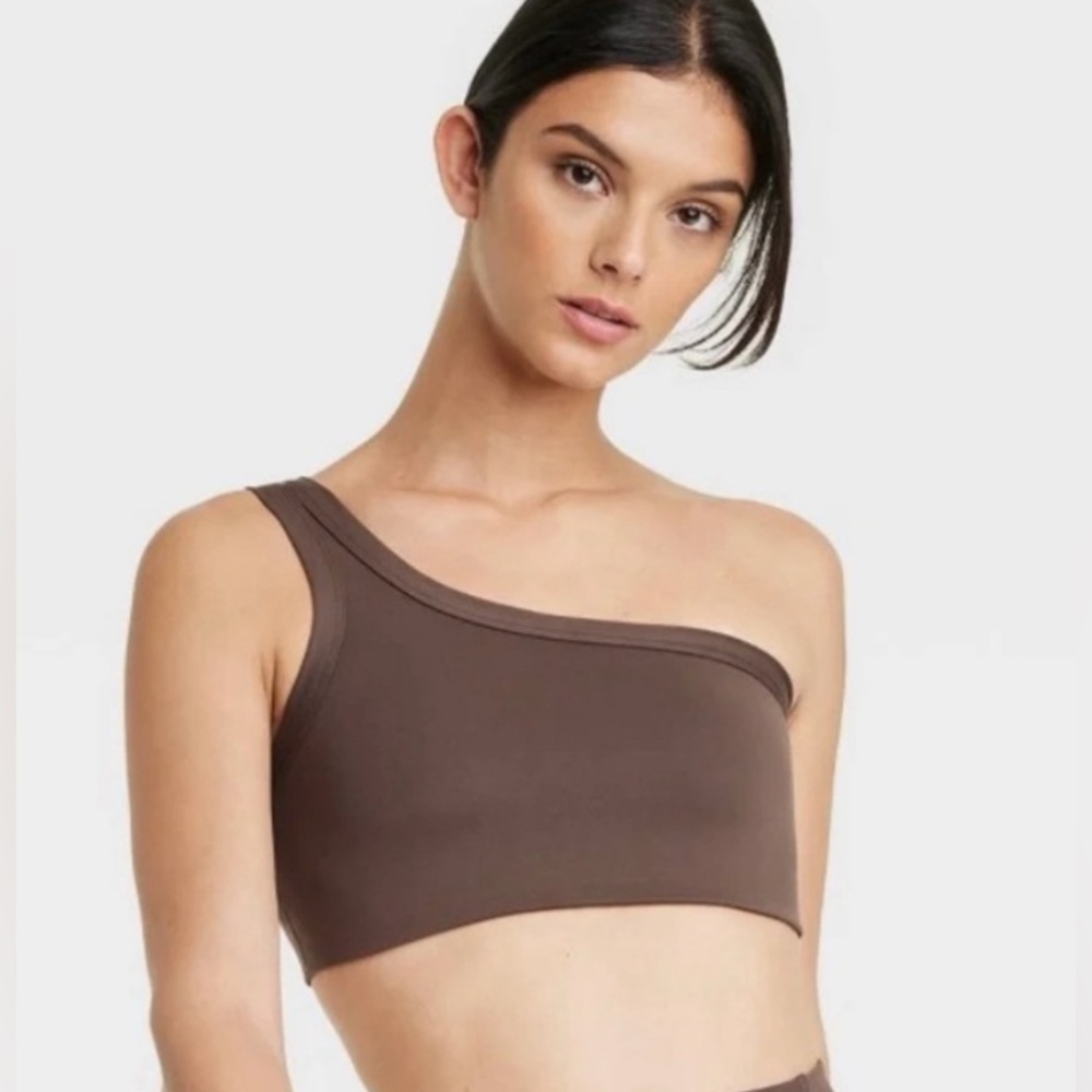 Brown Light Support Brushed Sculpt one shoulder Sports Bra - Size Small NWT